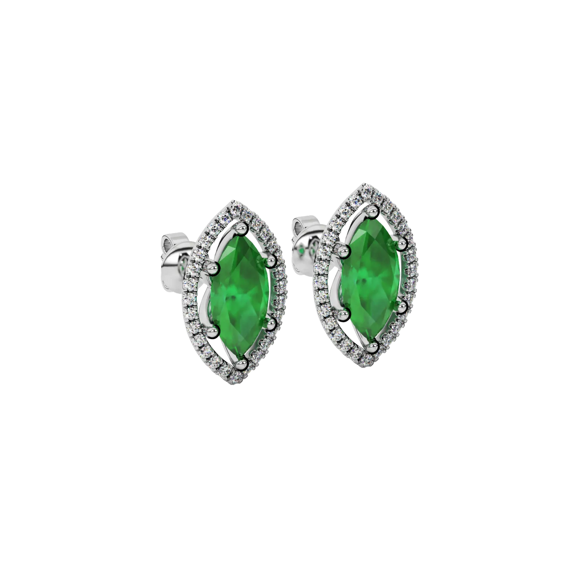 Close-up marquise cut emerald green gemstone, white gold French pavé halo