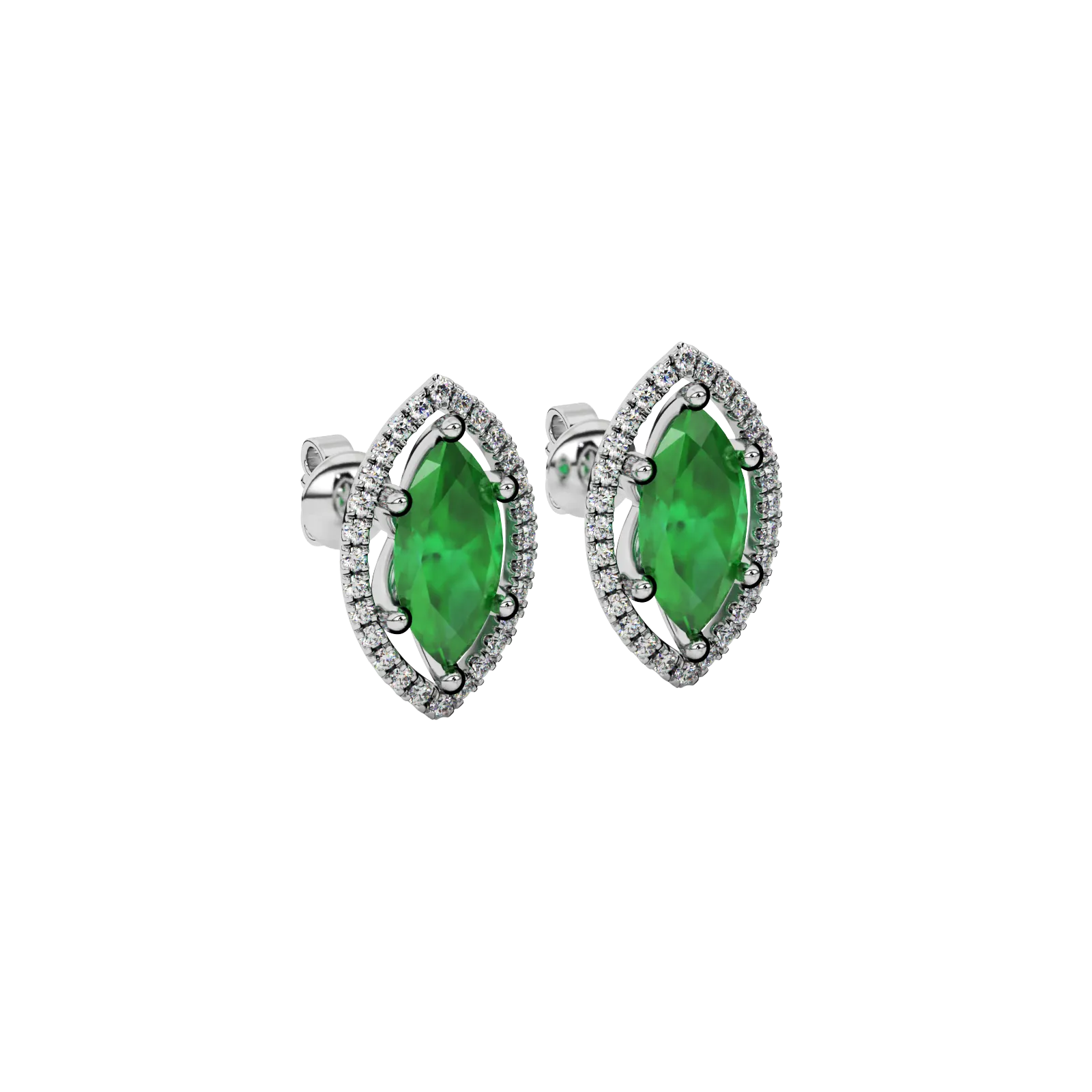 Close-up marquise cut emerald green gemstone, white gold French pavé halo
