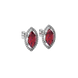 Close-up marquise cut raspberry red gemstone, white gold French pavé halo.
