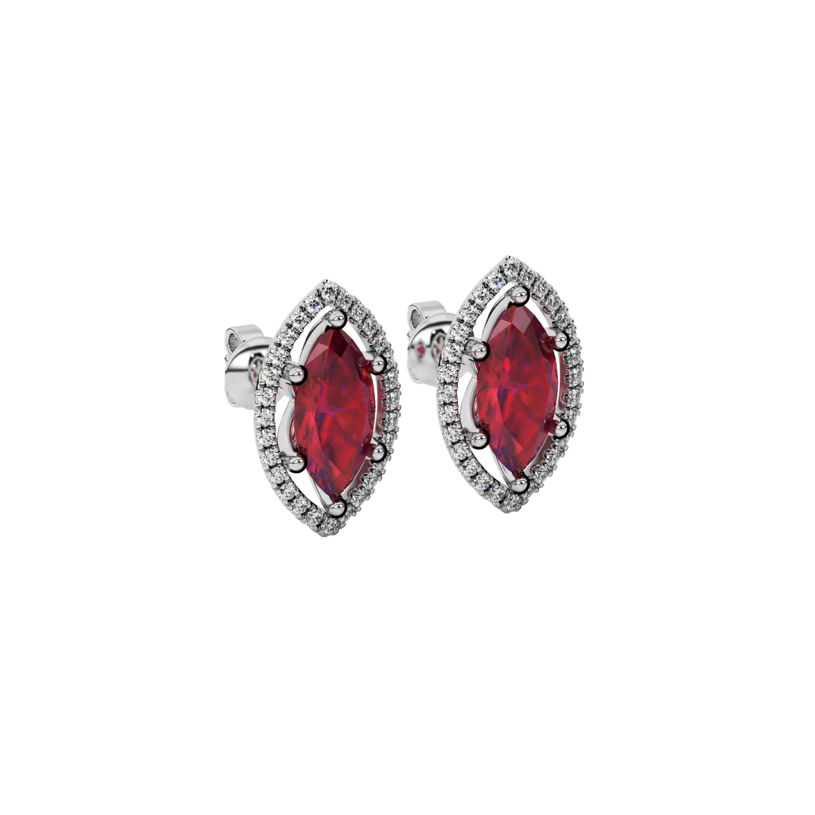 Close-up marquise cut raspberry red gemstone, white gold French pavé halo.