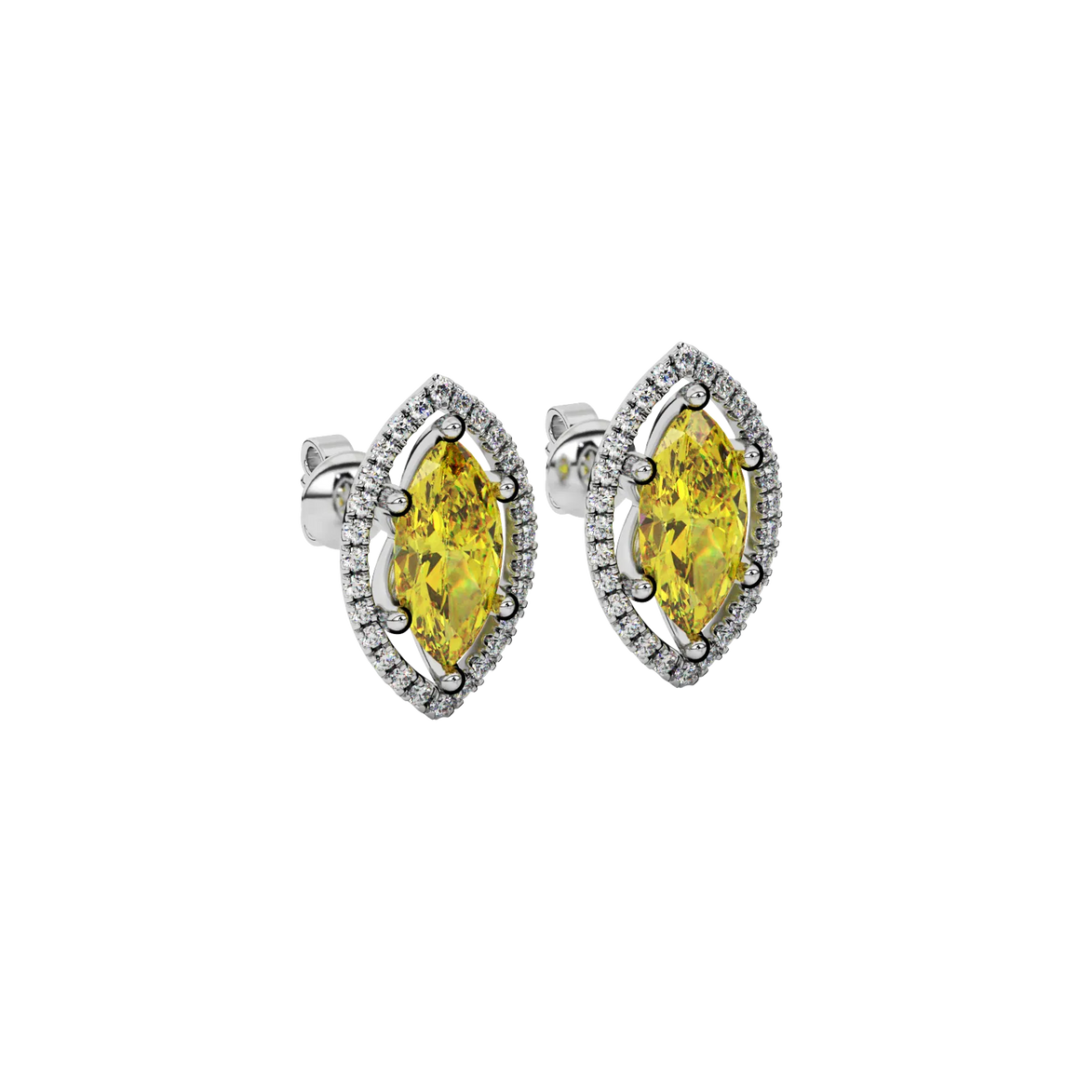 Close-up marquise cut canary yellow gemstone, white gold French pavé halo.