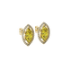 Close-up, marquise cut canary yellow gemstone, yellow gold French pavé halo earrings.