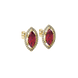 Close-up, marquise cut raspberry red gemstone, yellow gold French pavé halo earrings.
