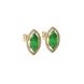 Close-up, marquise cut emerald green gemstone, yellow gold French pavé halo earrings.