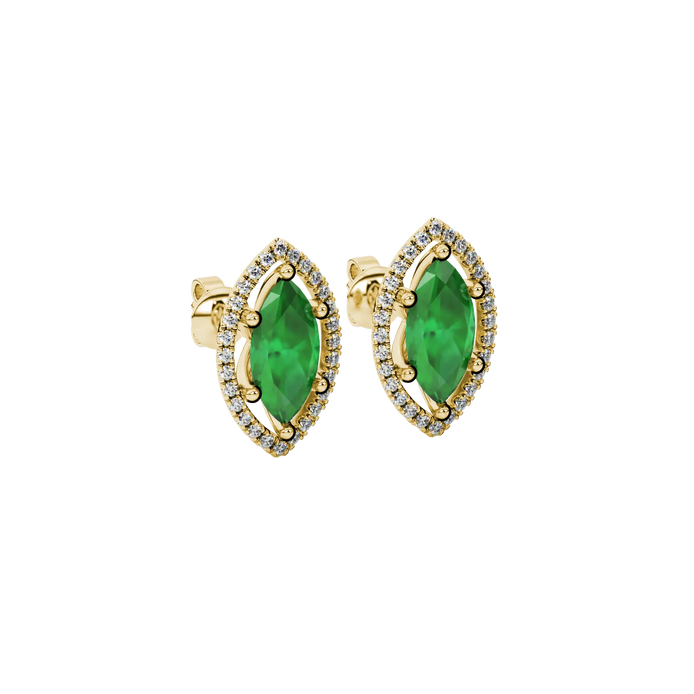 Close-up, marquise cut emerald green gemstone, yellow gold French pavé halo earrings.
