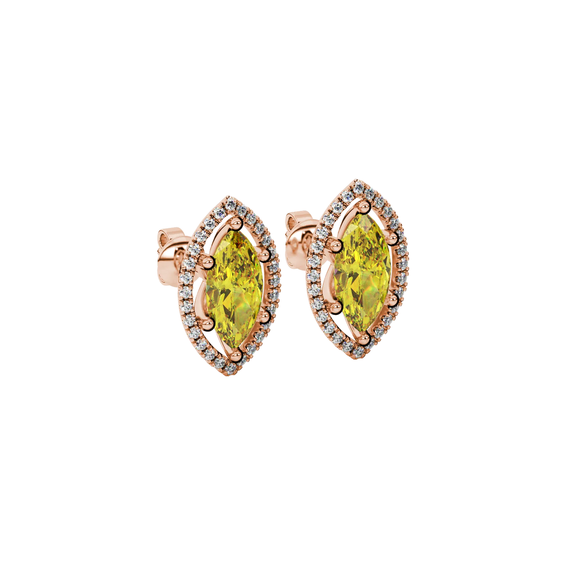Close-up, marquise cut canary yellow gemstone earrings, rose gold French pavé halo.