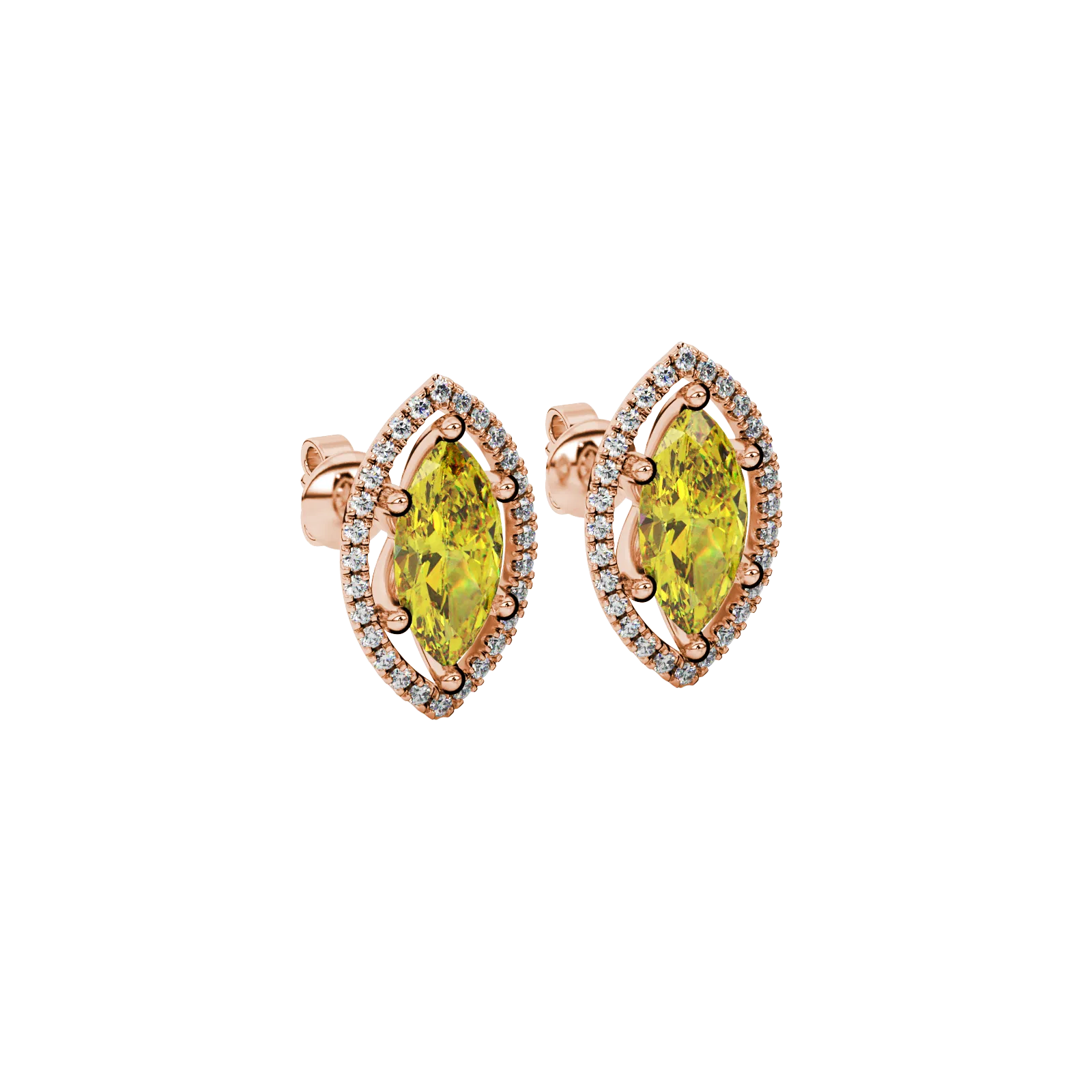 Close-up, marquise cut canary yellow gemstone earrings, rose gold French pavé halo.