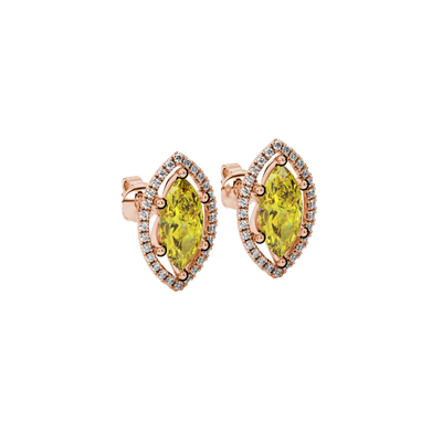 Close-up, marquise cut canary yellow gemstone earrings, rose gold French pavé halo.