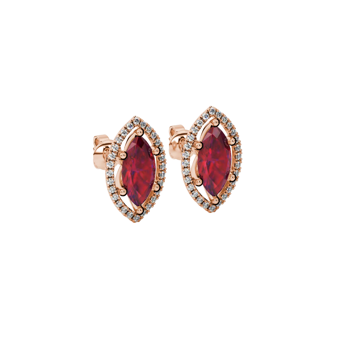 Close-up, marquise cut raspberry red gemstone earrings, rose gold French pavé halo.