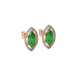 Close-up, marquise cut emerald green gemstone earrings, rose gold French pavé halo.