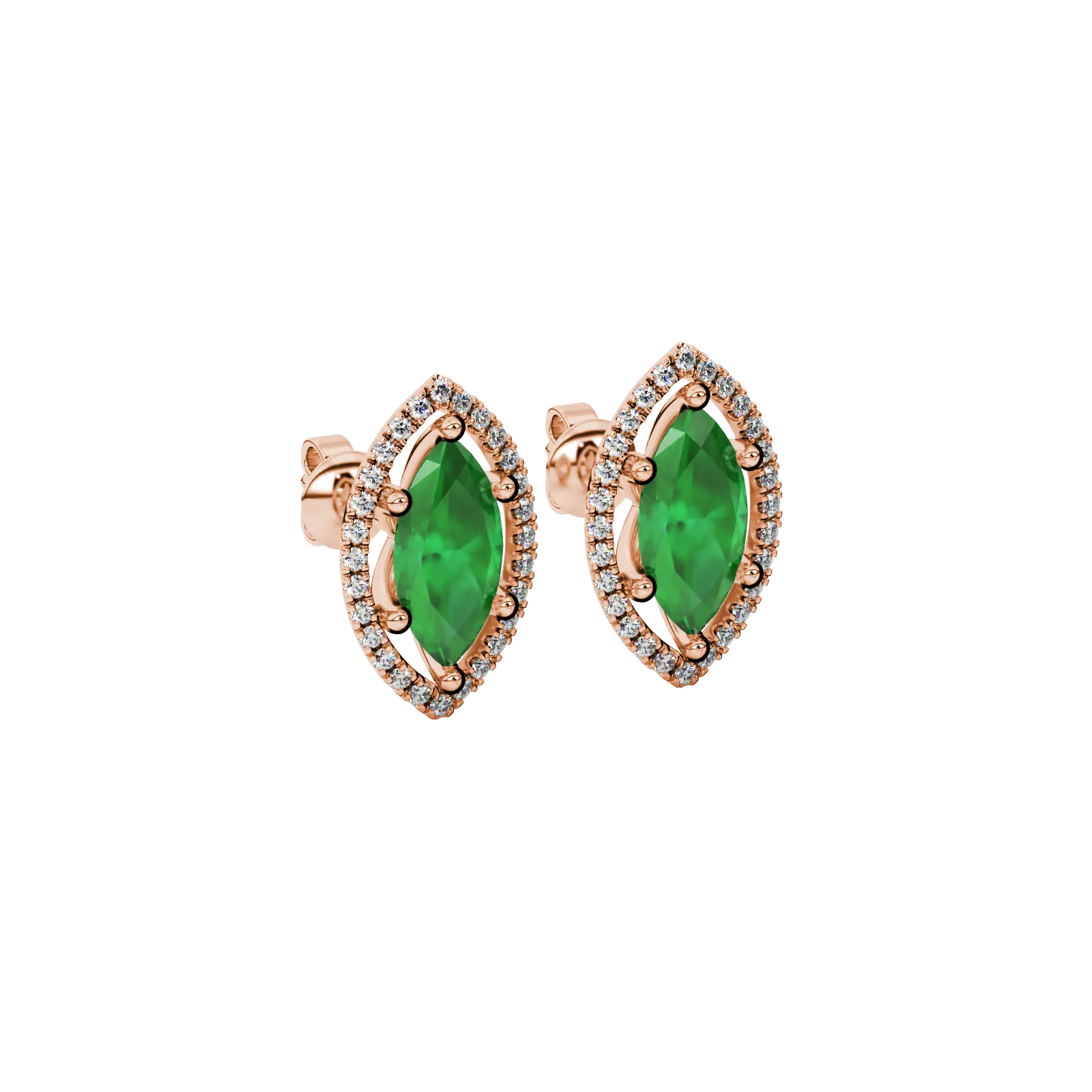 Close-up, marquise cut emerald green gemstone earrings, rose gold French pavé halo.