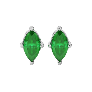 Marquise cut emerald green gemstone earrings, white gold lotus basket setting.