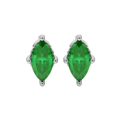 Marquise cut emerald green gemstone earrings, white gold lotus basket setting.