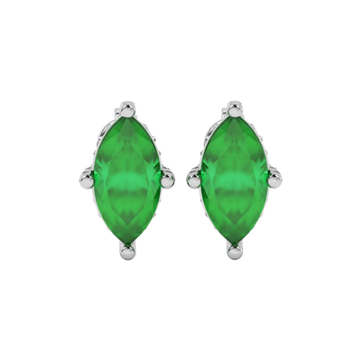 Marquise cut emerald green gemstone earrings, white gold pavé basket setting.
