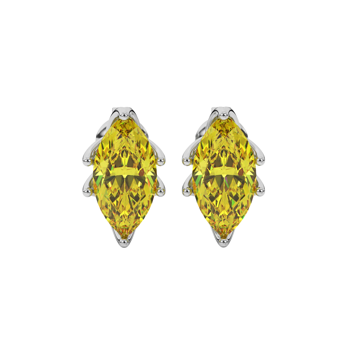 Marquise cut canary yellow gemstone earrings, white gold scalloped six prong setting.