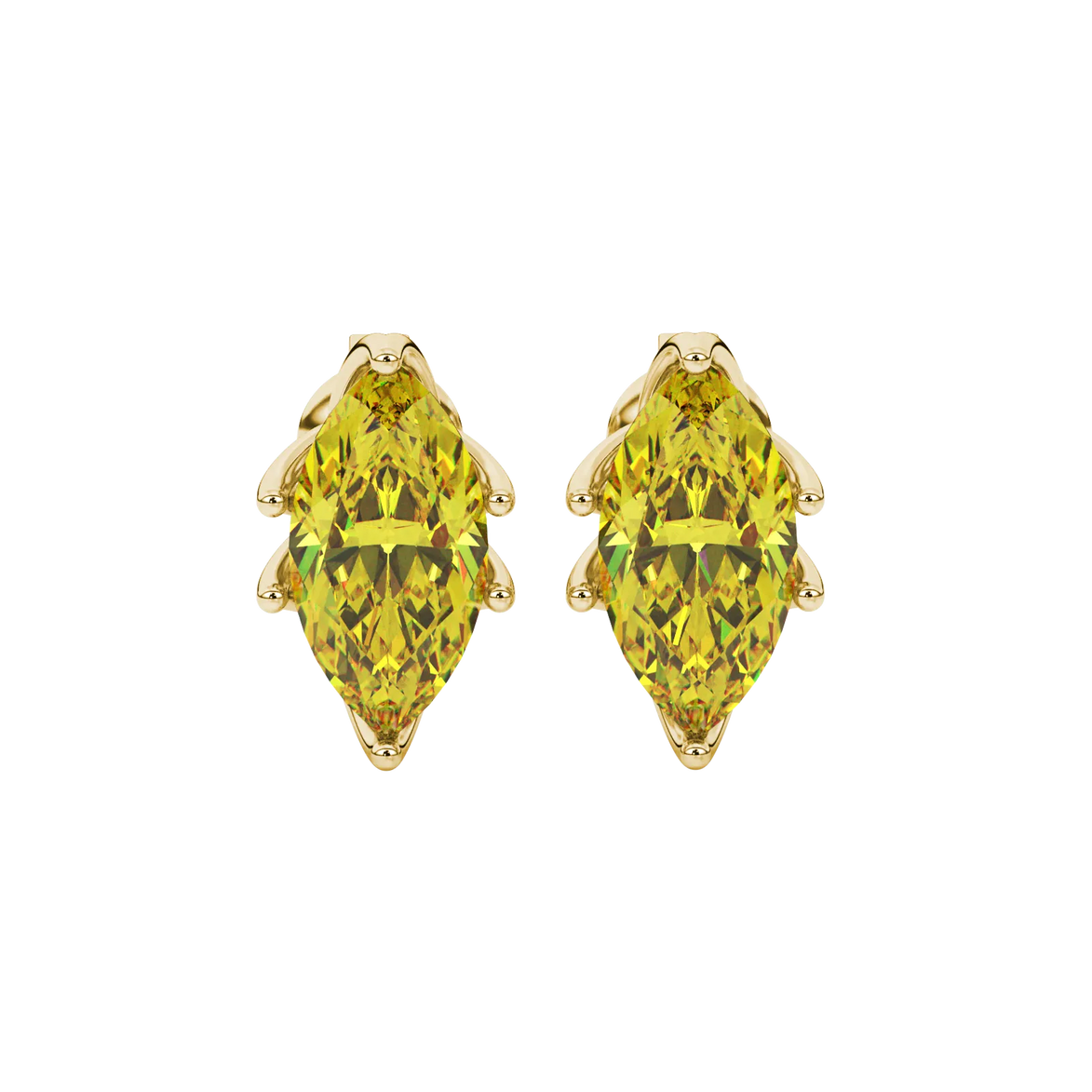 Marquise cut canary yellow gemstone earrings, yellow gold scalloped six prong setting.