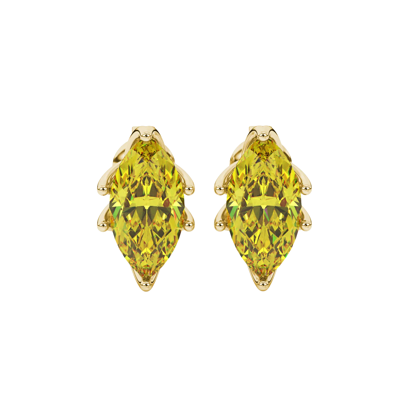 Marquise cut canary yellow gemstone earrings, yellow gold scalloped six prong setting.