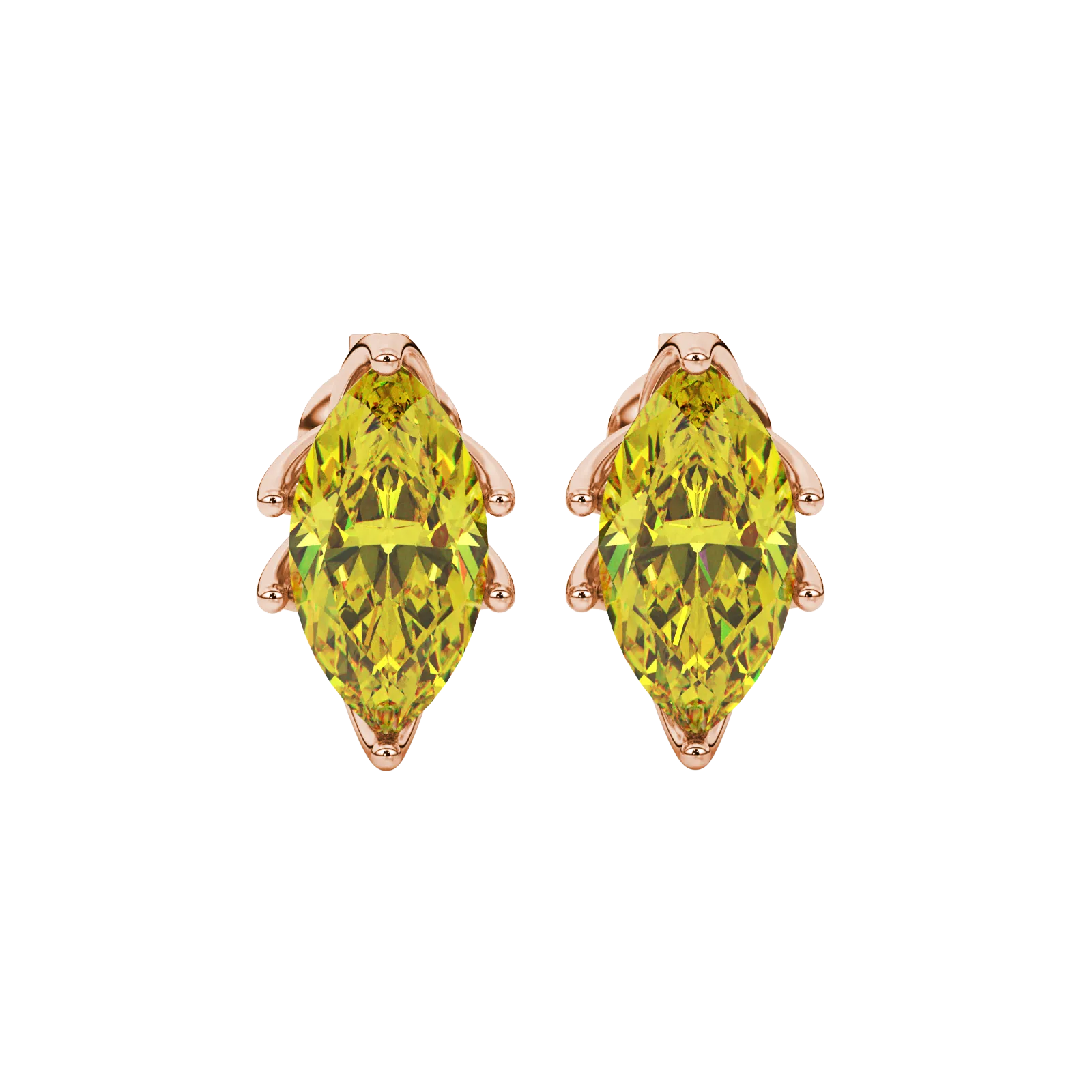 Marquise cut canary yellow gemstone earrings, rose gold scalloped six prong setting