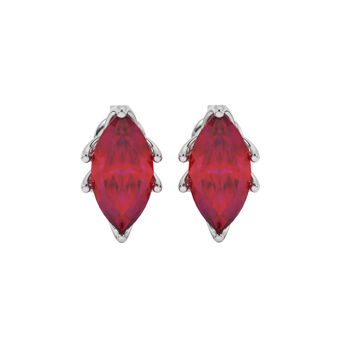 Marquise cut raspberry red gemstone earrings, white gold scalloped six prong setting.