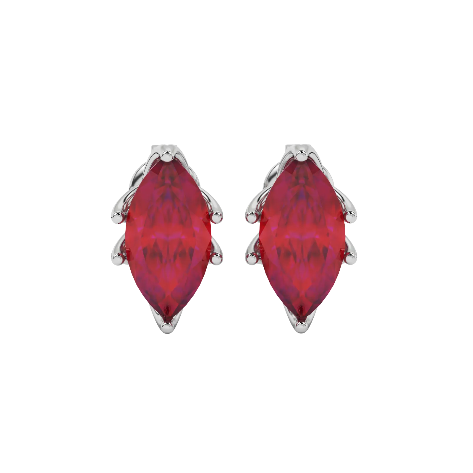 Marquise cut raspberry red gemstone earrings, white gold scalloped six prong setting.