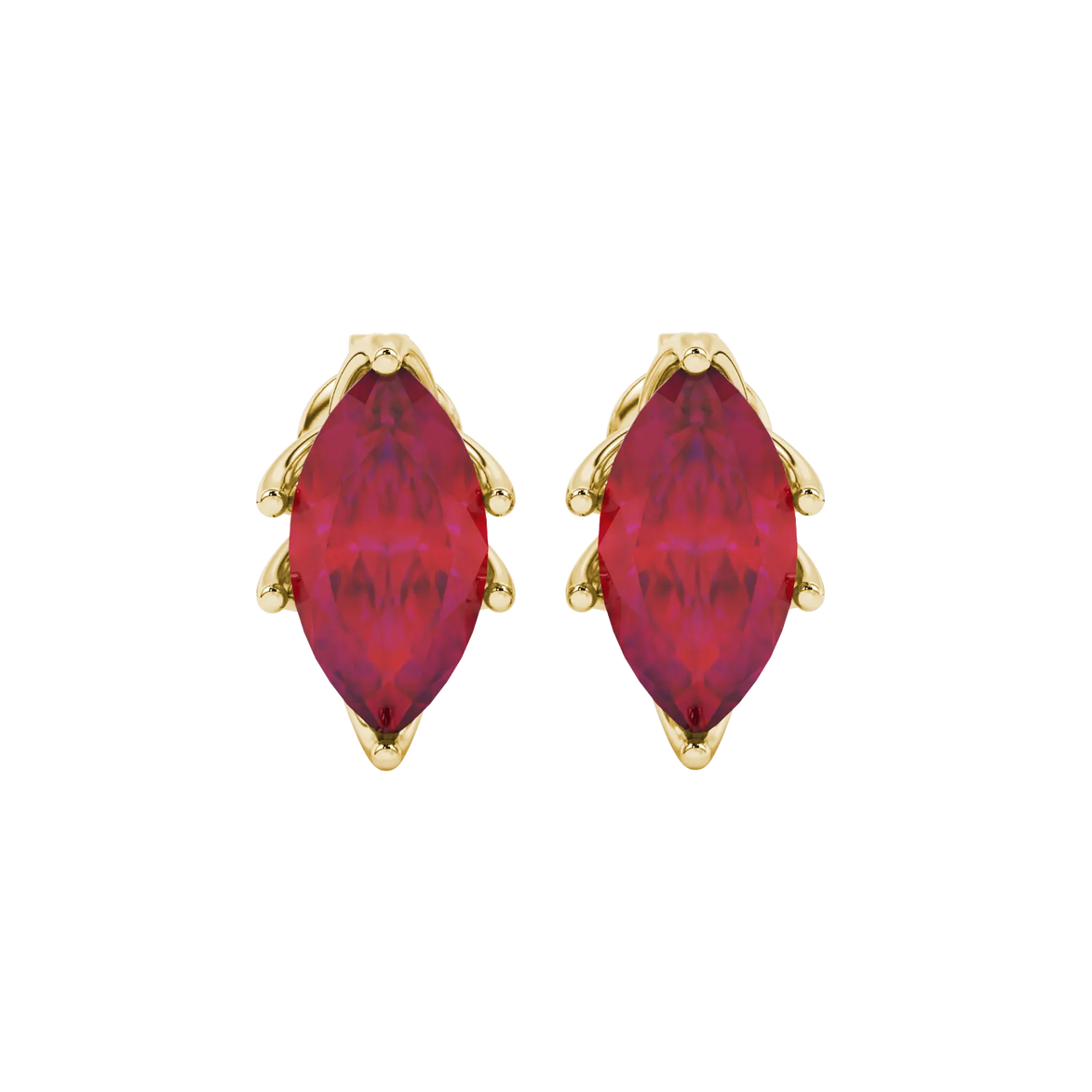 Marquise cut raspberry red gemstone earrings, yellow gold scalloped six prong setting.