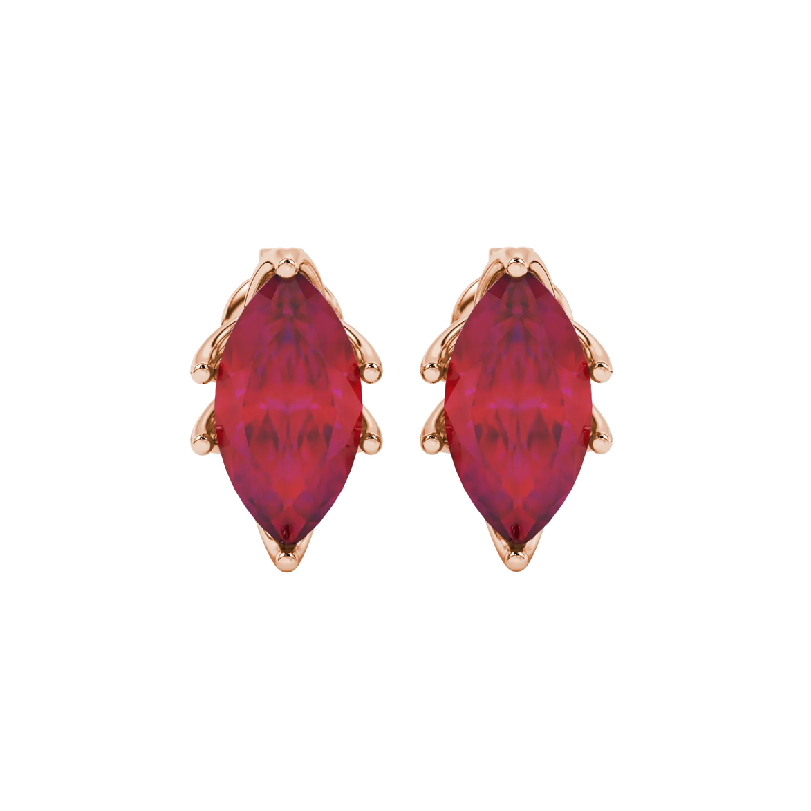 Marquise cut raspberry red gemstone earrings, rose gold scalloped six prong setting.