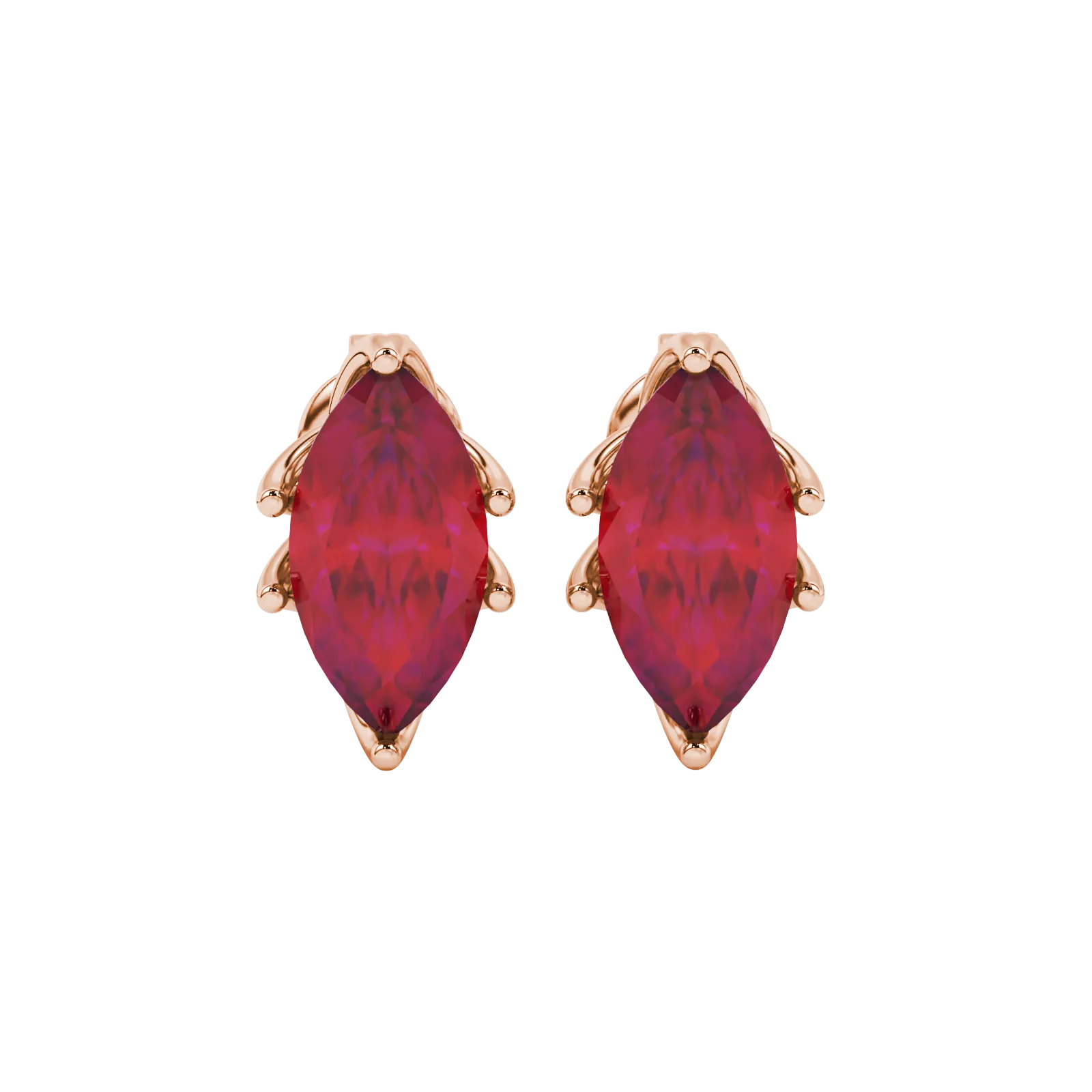 Marquise cut raspberry red gemstone earrings, rose gold scalloped six prong setting.