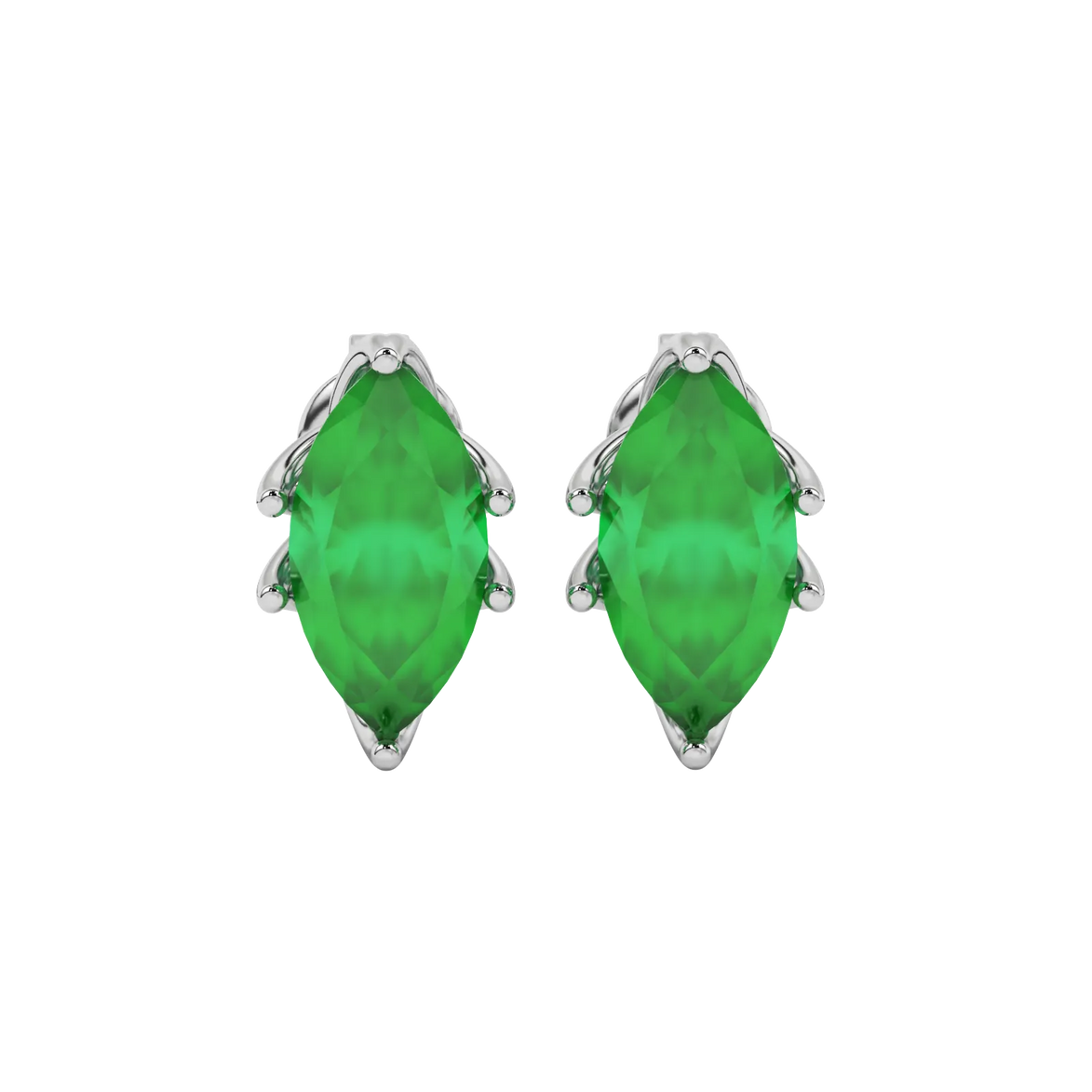 Marquise cut emerald green gemstone earrings, white gold scalloped six prong setting.