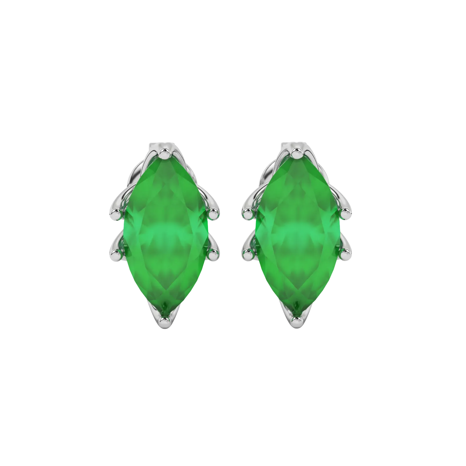 Marquise cut emerald green gemstone earrings, white gold scalloped six prong setting.