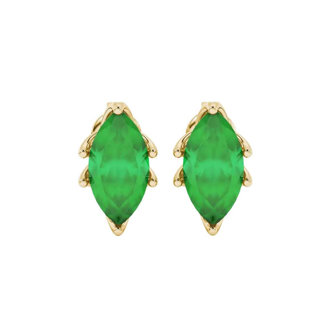 Marquise cut emerald green gemstone earrings, yellow gold scalloped six prong setting.