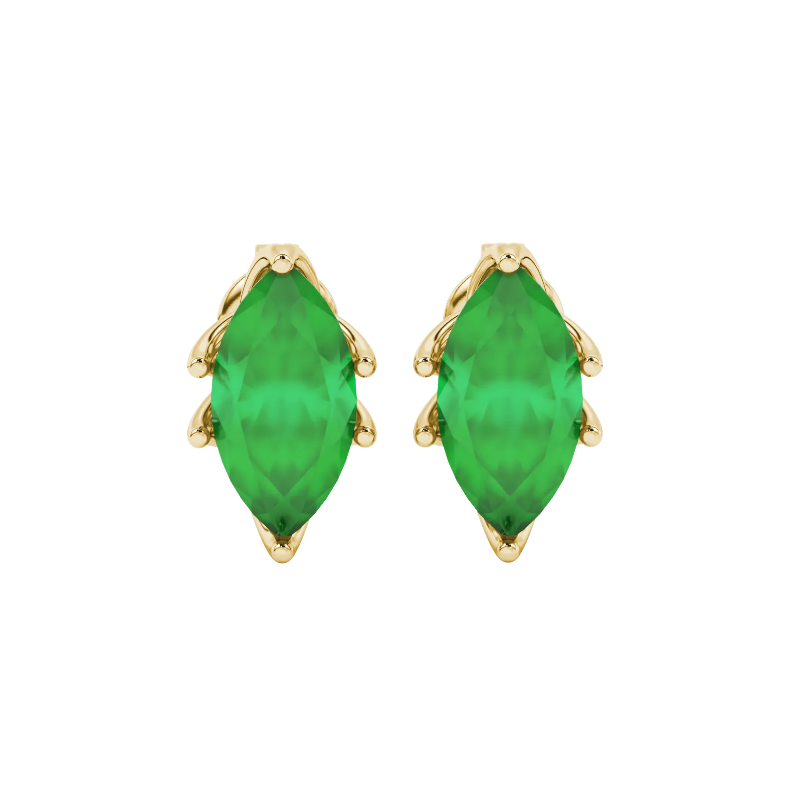 Marquise cut emerald green gemstone earrings, yellow gold scalloped six prong setting.