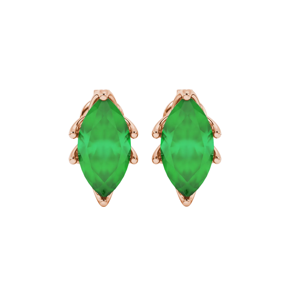 Marquise cut emerald green gemstone earrings, rose gold scalloped six prong setting.