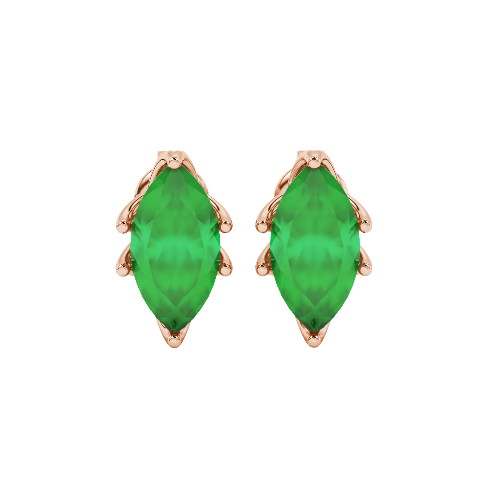 Marquise cut emerald green gemstone earrings, rose gold scalloped six prong setting.