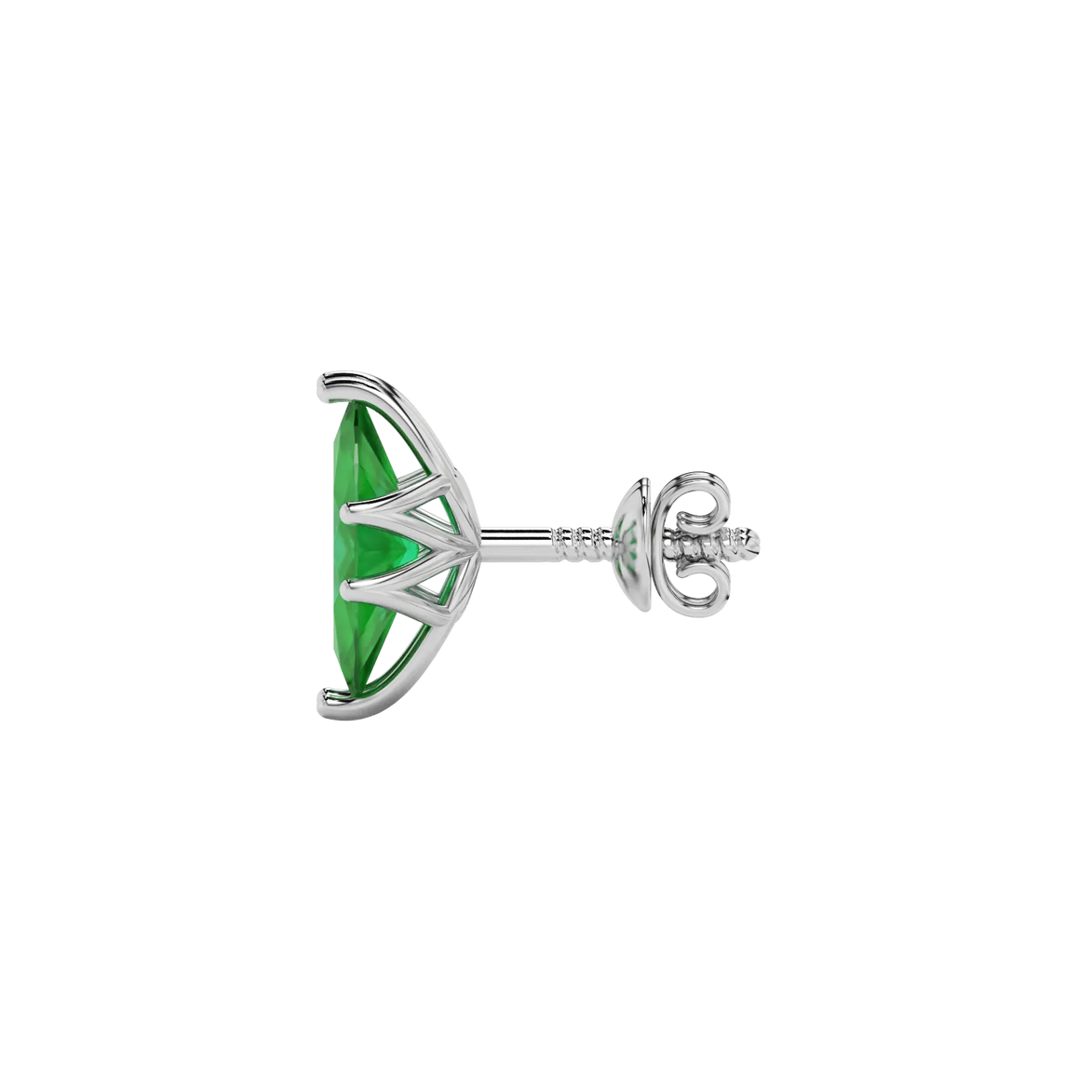 Side profile, white gold emerald green earrings, scalloped six prong gallery.