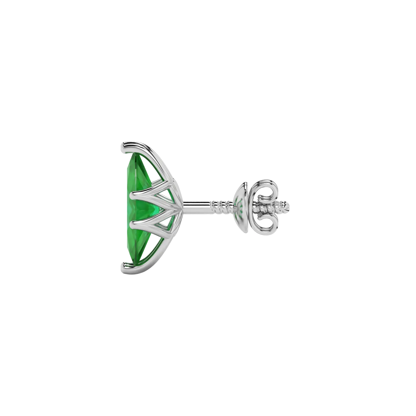 Side profile, white gold emerald green earrings, scalloped six prong gallery.