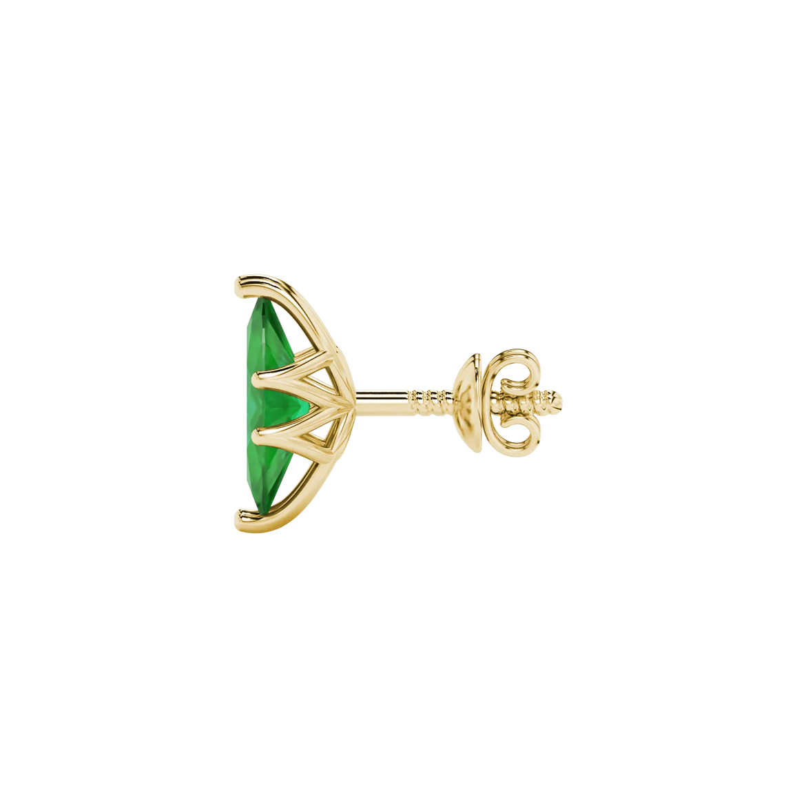 Side profile, yellow gold emerald green earrings, scalloped six prong gallery.