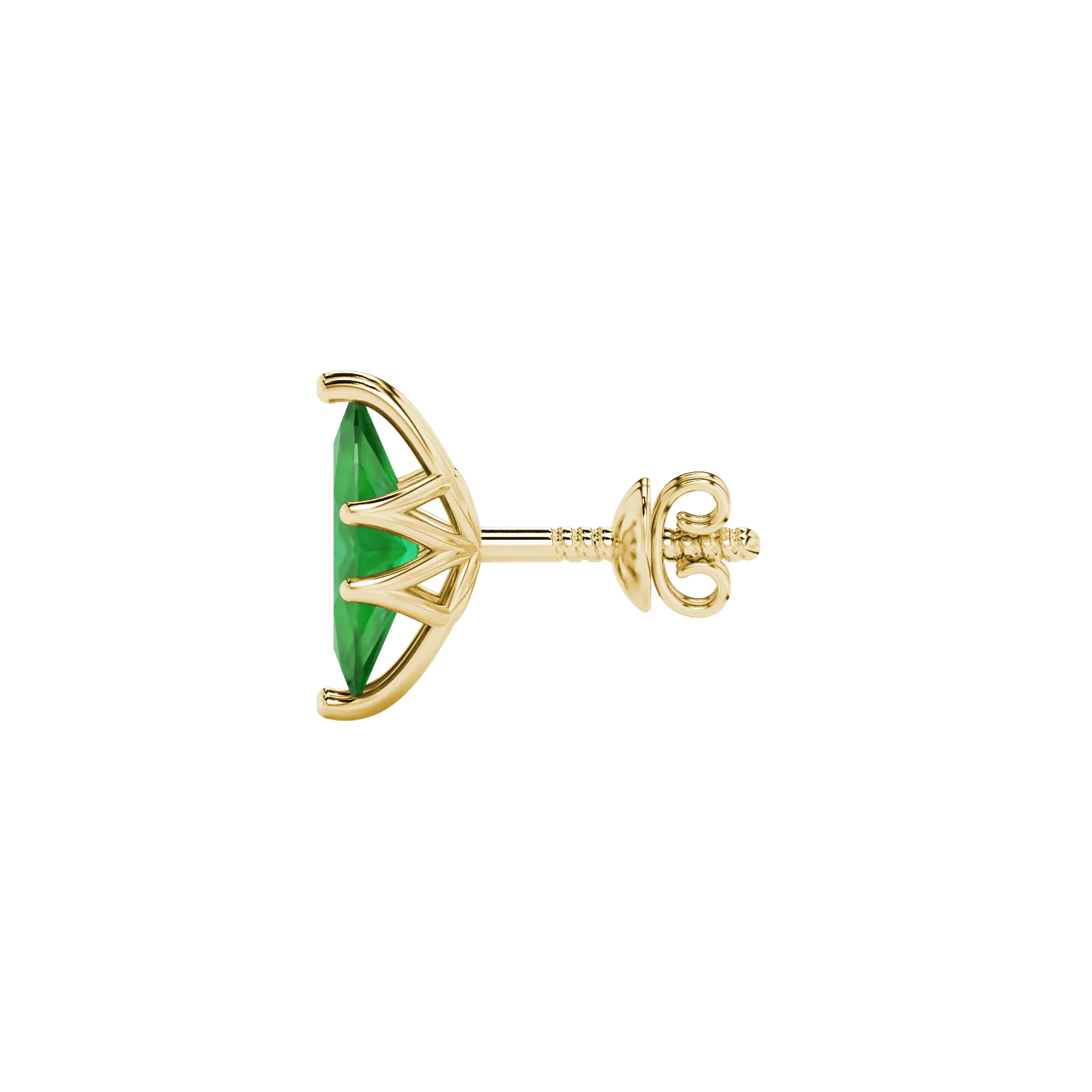 Side profile, yellow gold emerald green earrings, scalloped six prong gallery.