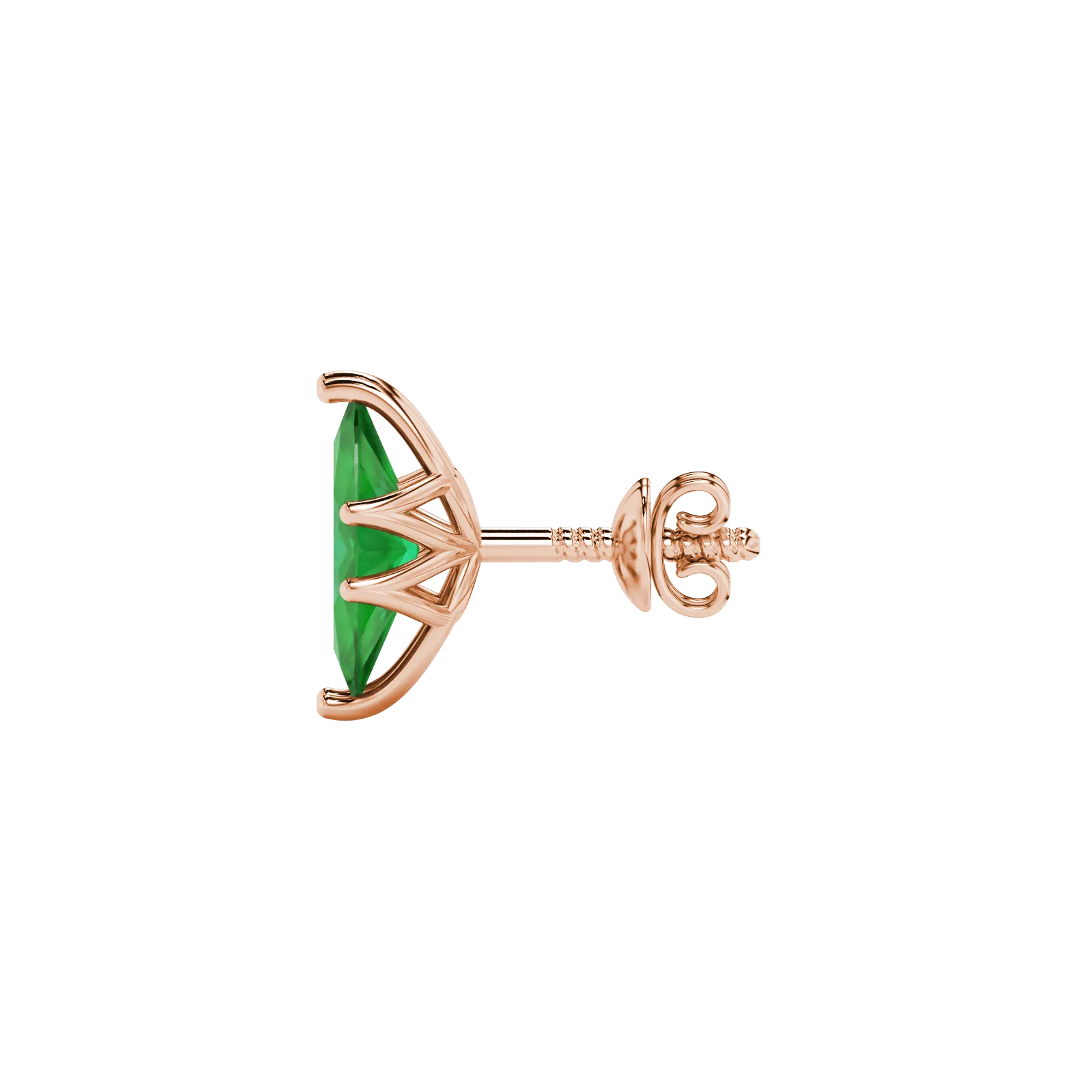 Side profile, rose gold emerald green earrings, scalloped six prong gallery.