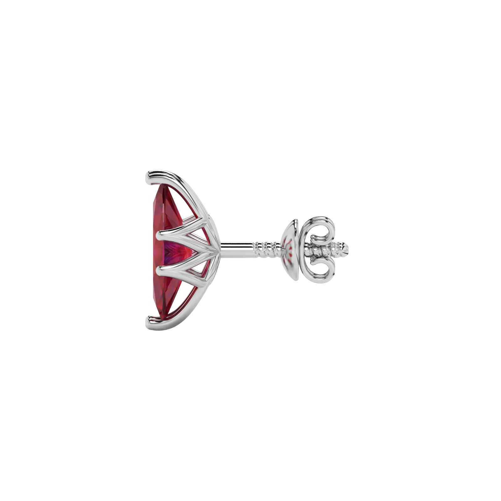 Side profile, white gold raspberry red earrings, scalloped six prong gallery.
