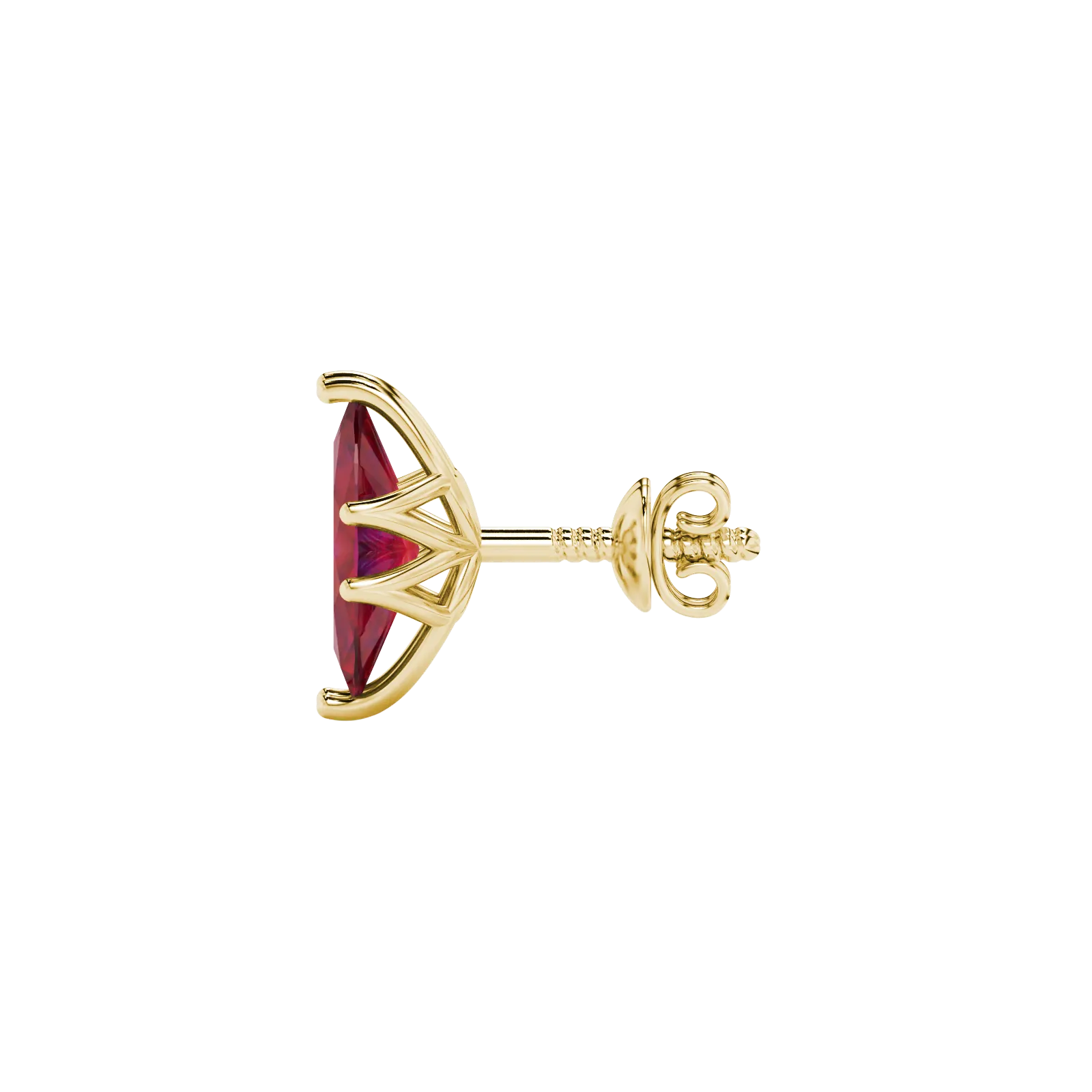 Side profile, yellow gold raspberry red earrings, scalloped six prong gallery.