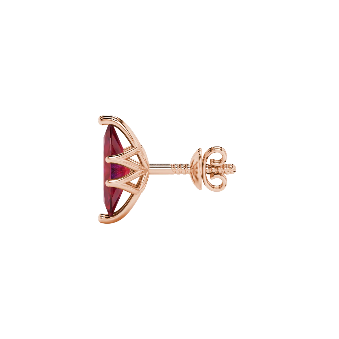 Side profile, rose gold raspberry red earrings, scalloped six prong gallery.