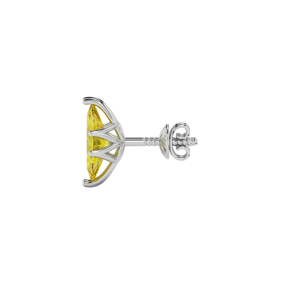 Side profile, white gold canary yellow earrings, scalloped six prong gallery.