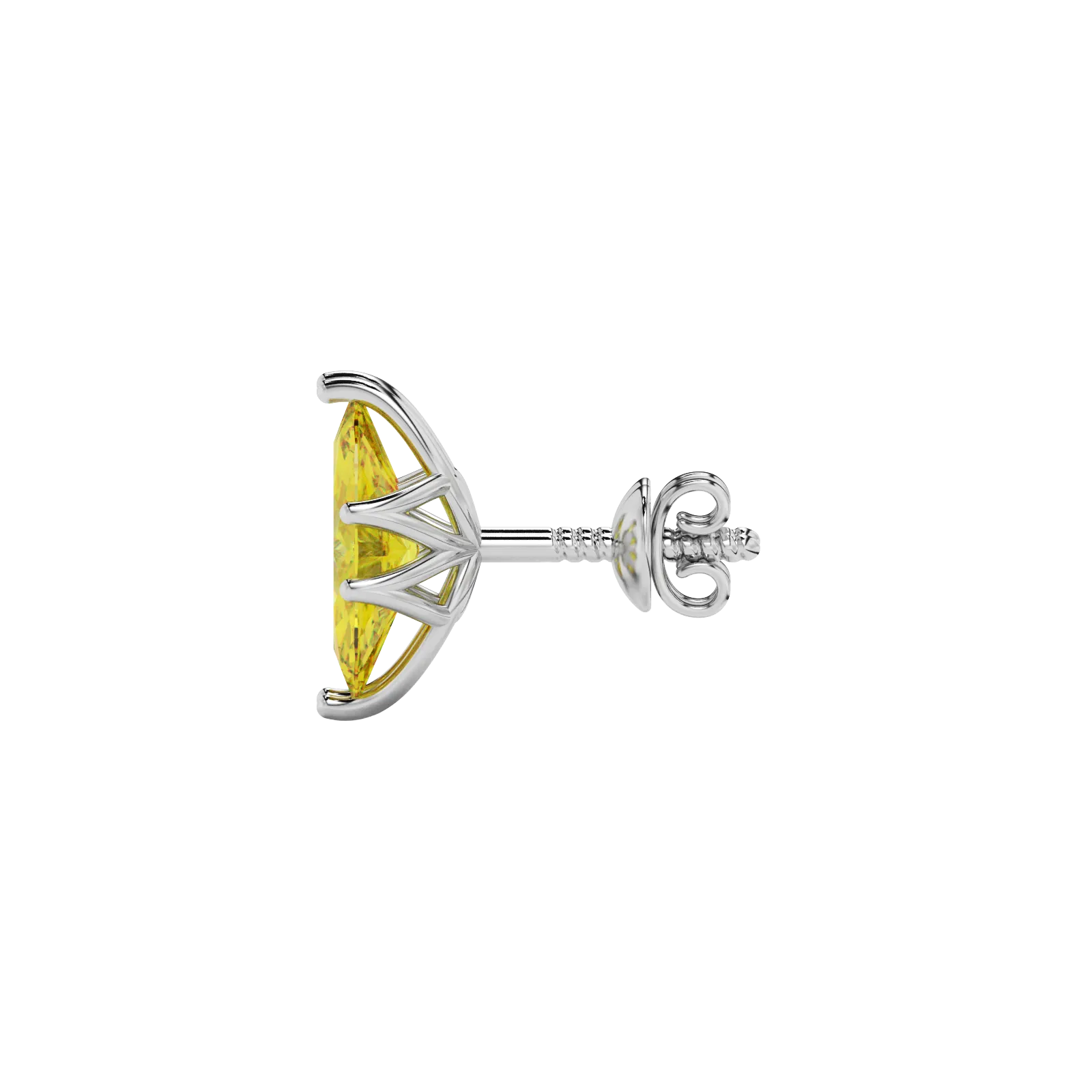 Side profile, white gold canary yellow earrings, scalloped six prong gallery.
