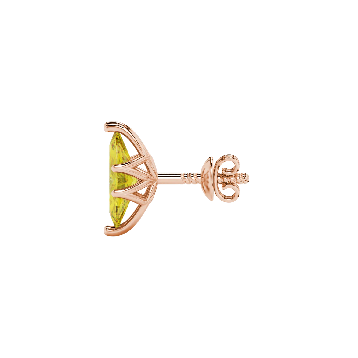 Side profile, rose gold canary yellow earrings, scalloped six prong gallery.