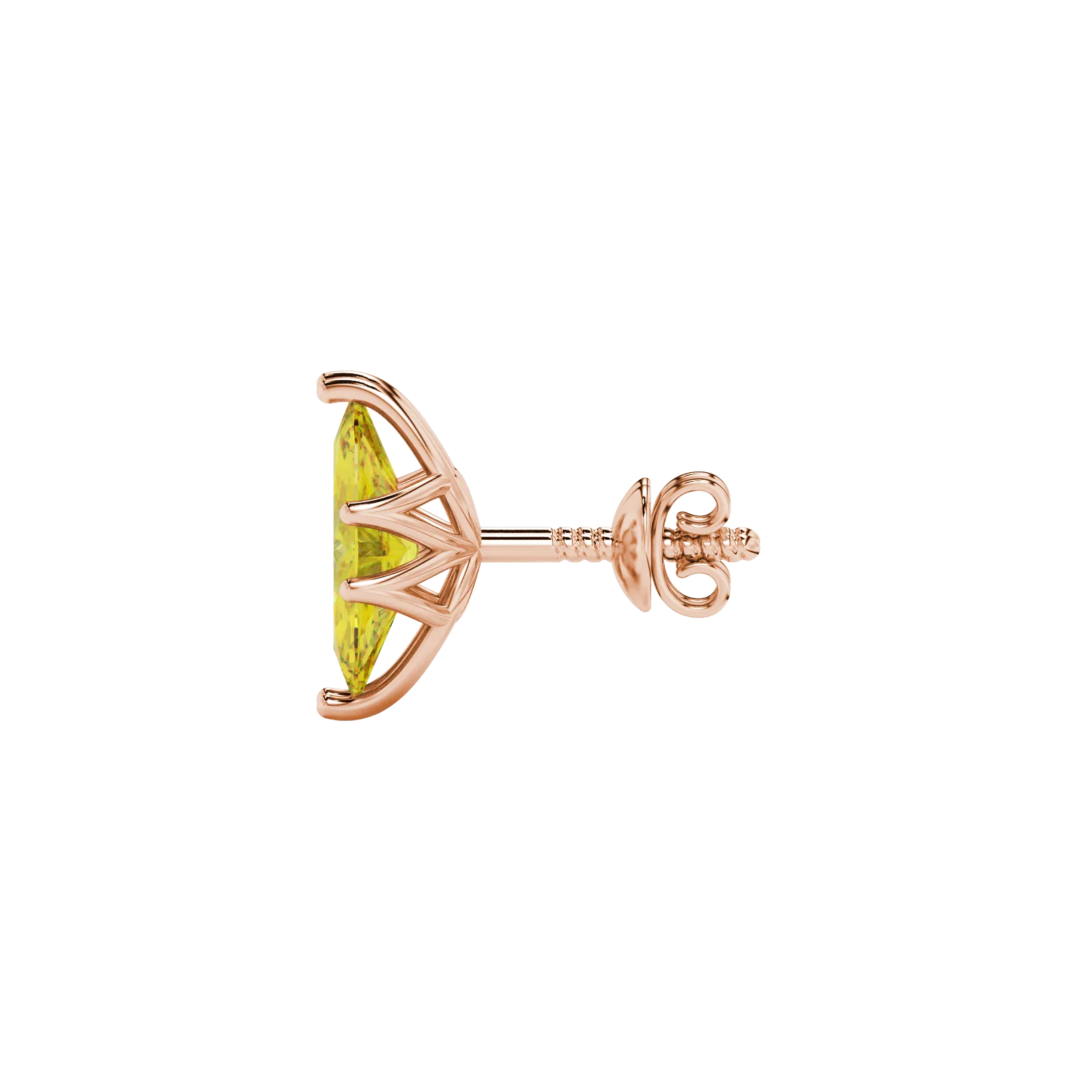 Side profile, rose gold canary yellow earrings, scalloped six prong gallery.