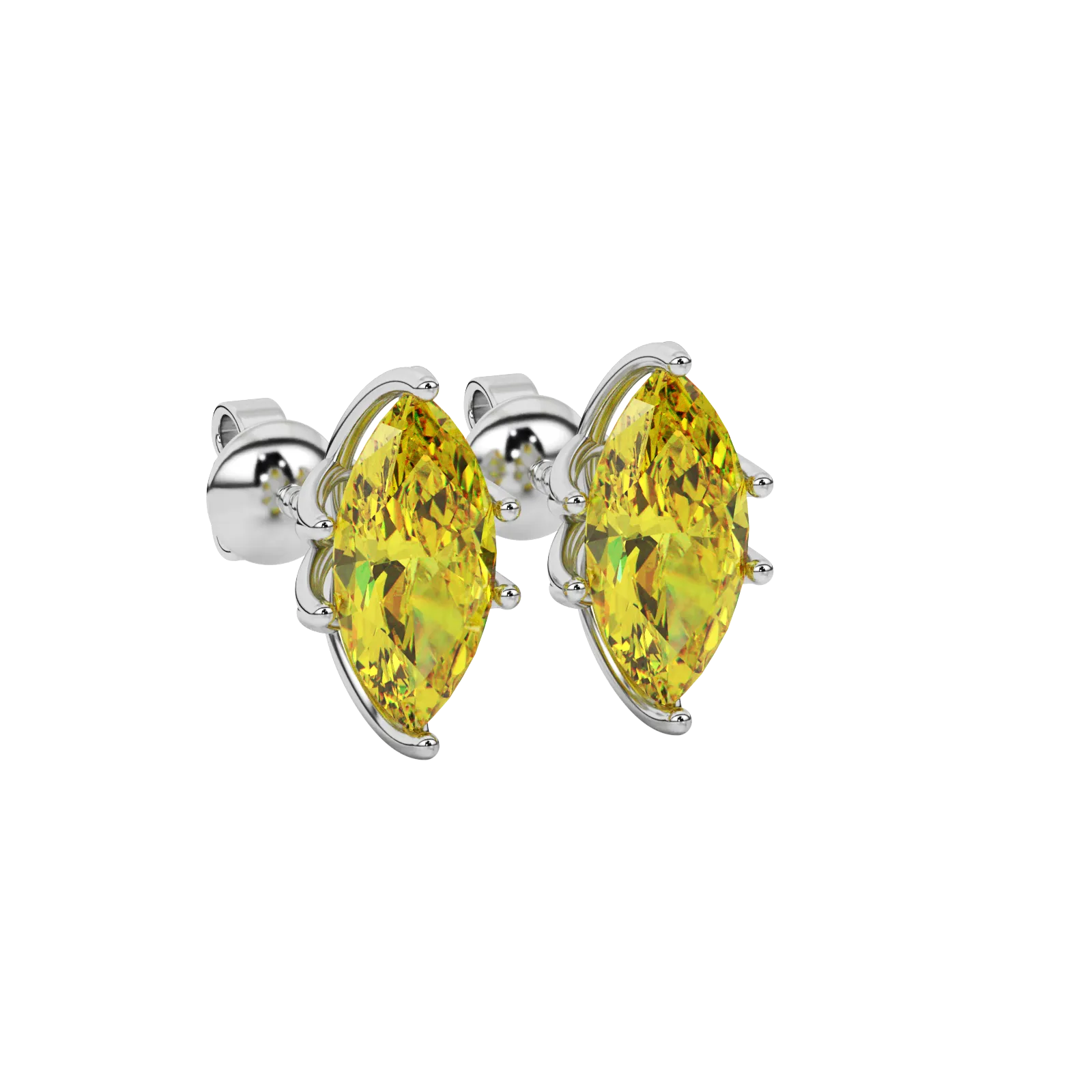 Close-up marquise cut canary yellow gemstone, white gold scalloped six prong.