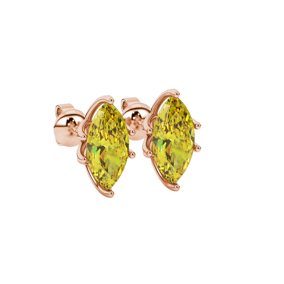 Close-up, marquise cut canary yellow gemstone earrings, rose gold scalloped six prong.
