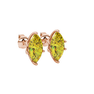 Close-up, marquise cut canary yellow gemstone earrings, rose gold scalloped six prong.