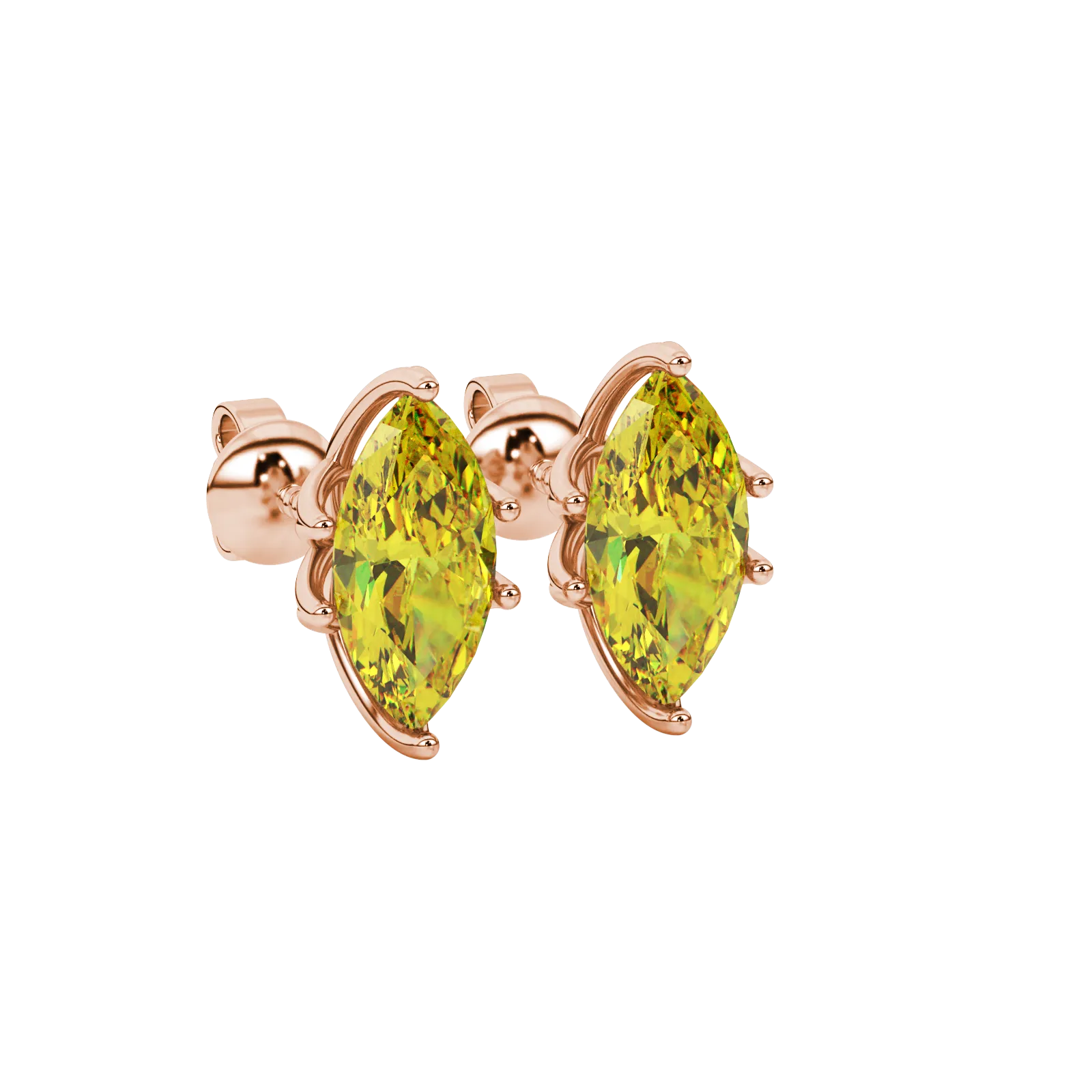 Close-up, marquise cut canary yellow gemstone earrings, rose gold scalloped six prong.