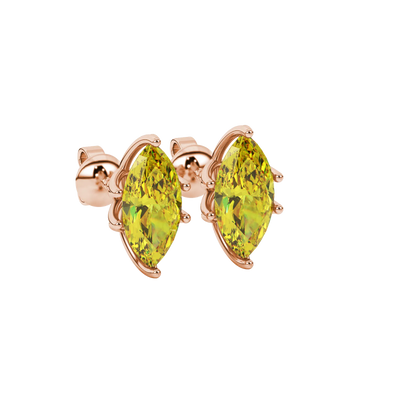 Close-up, marquise cut canary yellow gemstone earrings, rose gold scalloped six prong.